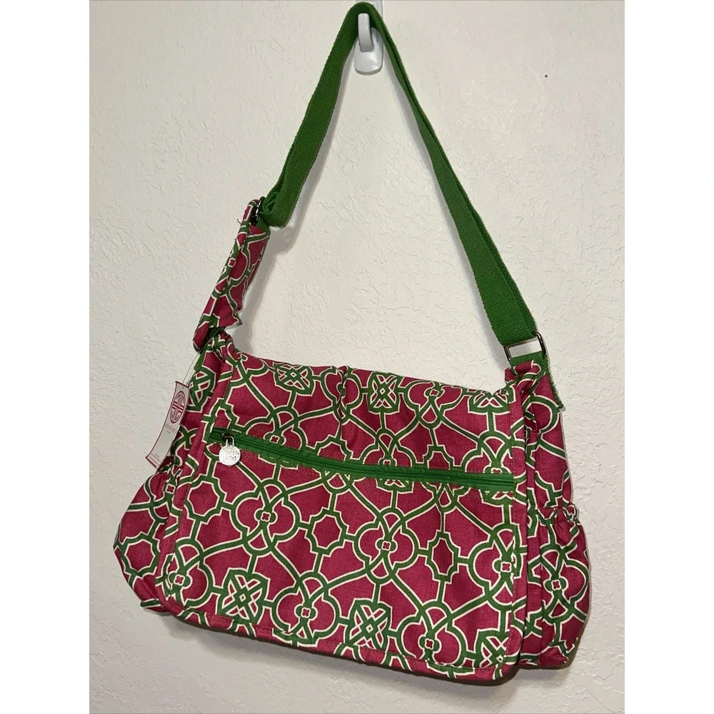Buckhead Betties Pink Green Geometric Canvas Messenger Crossbody Bag NWT